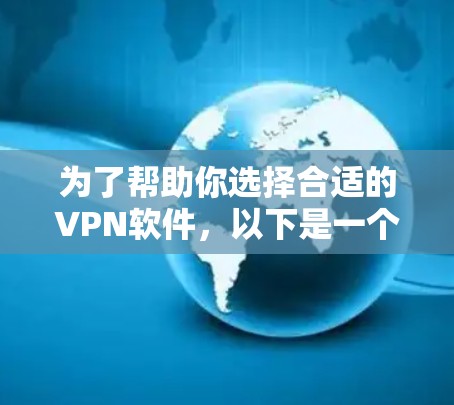 为了帮助你选择合适的<strong>VPN软件</strong>,以下是一个分步的推荐过程和最终的推荐列表